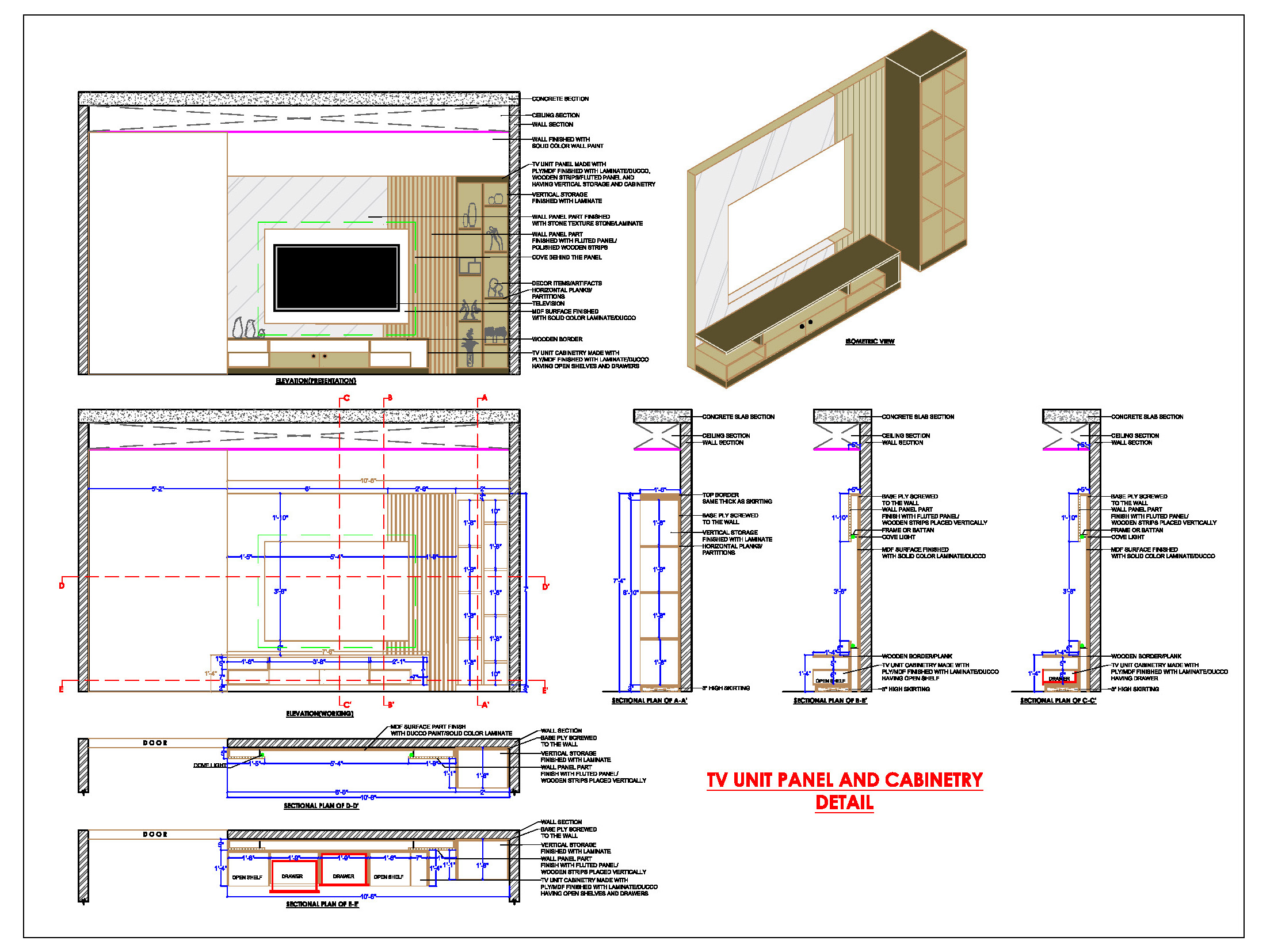 TV Unit AutoCAD Design with Vertical Storage & Open Shelves